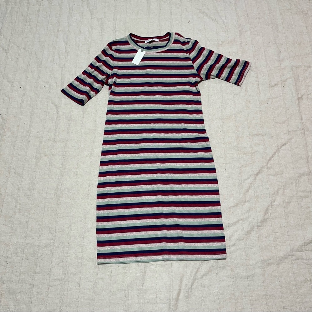 Anthropologie Stateside Short Sleeve Ribbed Shirt Dress Multi Color Size Small
